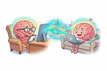 Ilustración estilo cómic de una sesión de terapia online entre dos cerebros, conectados por un flujo de energía digital que contiene gráficos de evidencia clínica y símbolos de empatía.