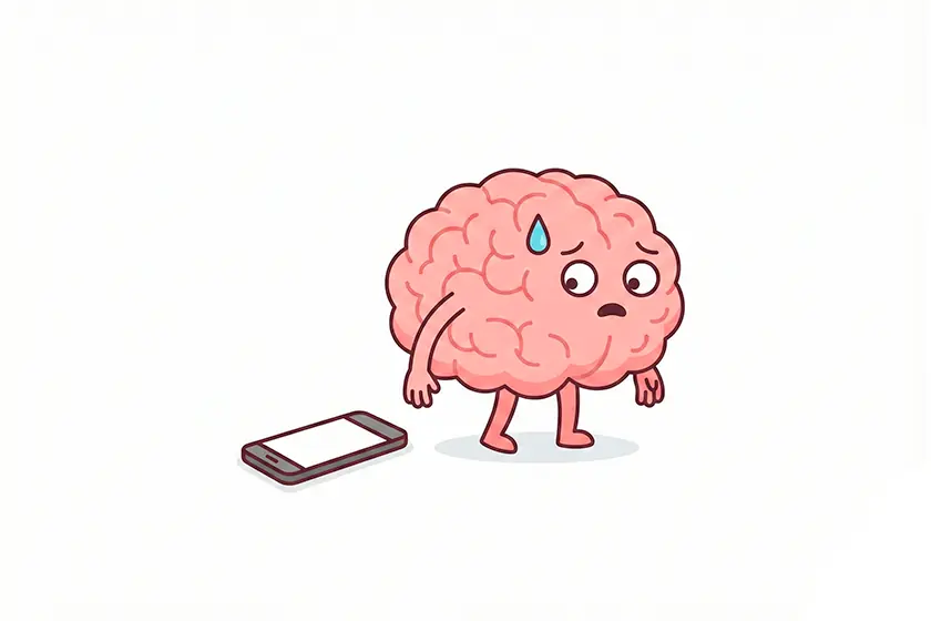Cerebro ansioso evitando mirar un celular, ilustrando la nomofobia y la evasión emocional.