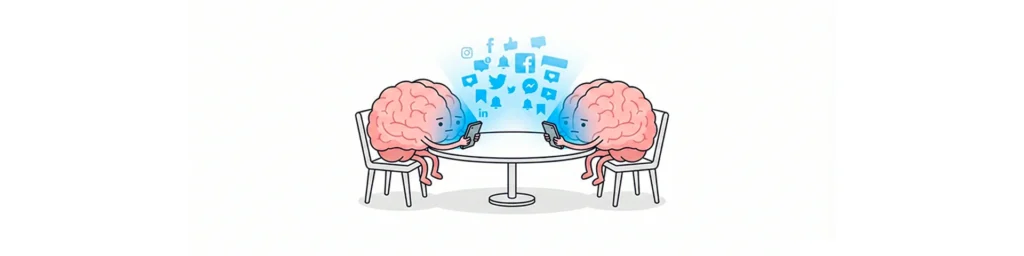 Ilustración minimalista estilo cómic de dos cerebros sentados en una mesa frente a frente. Ambos miran sus teléfonos móviles ignorándose mutuamente, separados por una barrera de luz azul con iconos de redes sociales.