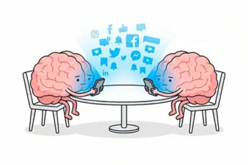 Ilustración minimalista estilo cómic de dos cerebros sentados en una mesa frente a frente. Ambos miran sus teléfonos móviles ignorándose mutuamente, separados por una barrera de luz azul con iconos de redes sociales.
