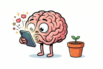 Ilustración minimalista en estilo cómic de un cerebro antropomórfico mirando ansiosamente un teléfono celular brillante que emite destellos de notificaciones, mientras ignora una pequeña planta en crecimiento a su lado.