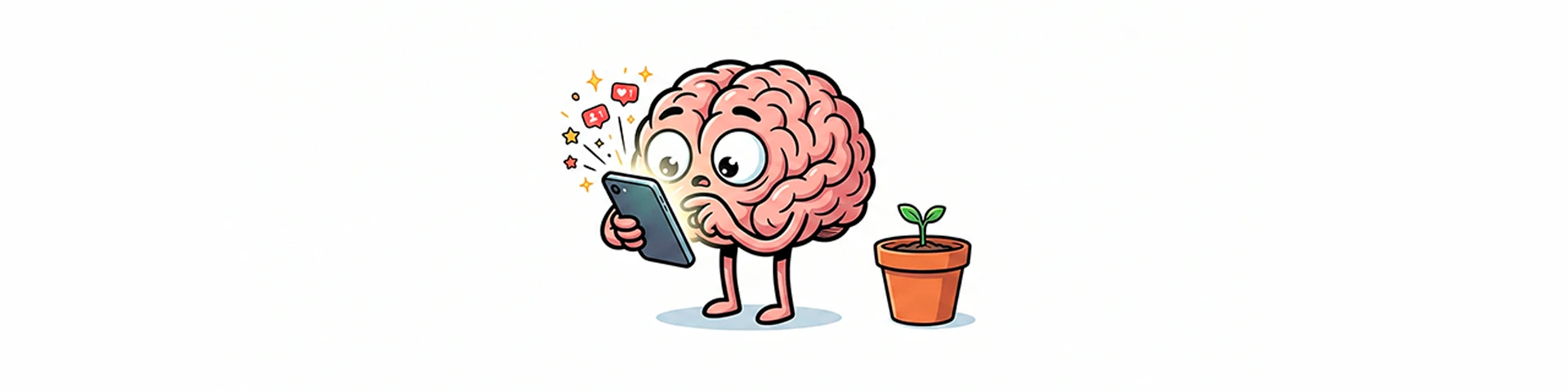 Ilustración minimalista en estilo cómic de un cerebro antropomórfico mirando ansiosamente un teléfono celular brillante que emite destellos de notificaciones, mientras ignora una pequeña planta en crecimiento a su lado.