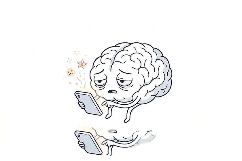 Ilustración de un cerebro agotado mirando un teléfono celular, representando la adicción a la gratificación instantánea y la fatiga cognitiva.