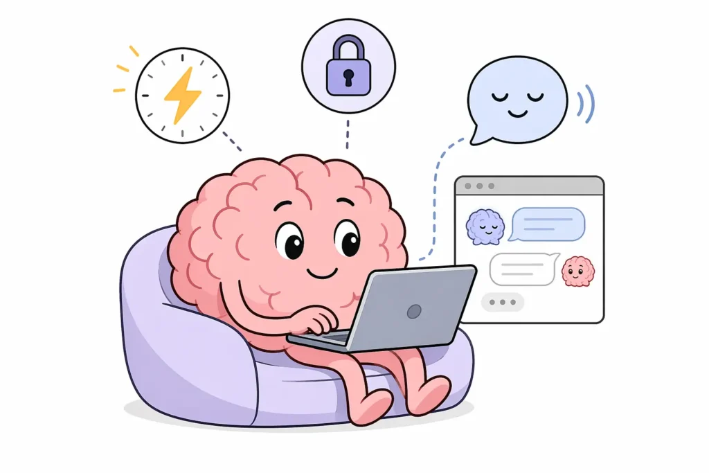 Ilustración de un cerebro antropomórfico hablando con una inteligencia artificial, representando la rapidez, la privacidad y la facilidad de acceso que explican por qué muchas personas usan LLMs para hablar de sus problemas personales.