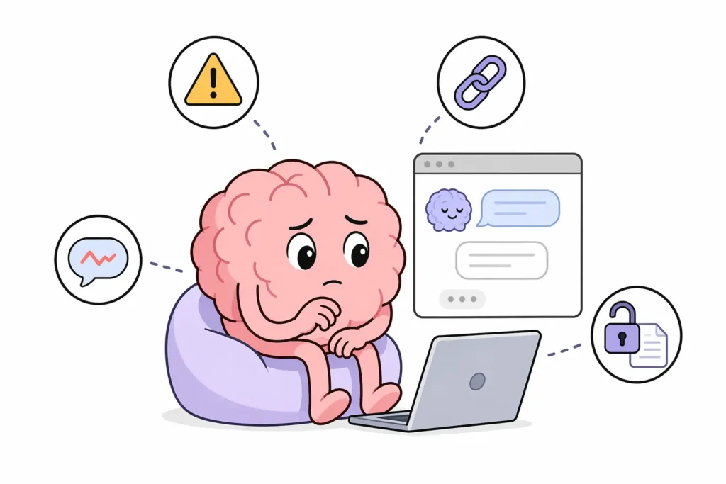 Ilustración de un cerebro antropomórfico usando una inteligencia artificial mientras aparecen señales de alerta sobre dependencia emocional, consejos erróneos y riesgos de privacidad en salud mental.