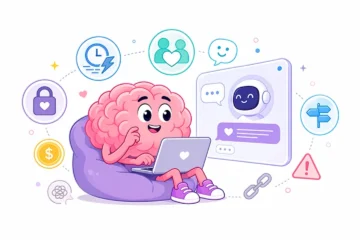 Ilustración de un cerebro antropomórfico en estilo comic interactuando con una inteligencia artificial en una laptop, rodeado de elementos visuales que representan rapidez, privacidad, compañía, orientación y algunos riesgos, para ilustrar por qué muchas personas usan la IA para hablar de sus problemas personales.