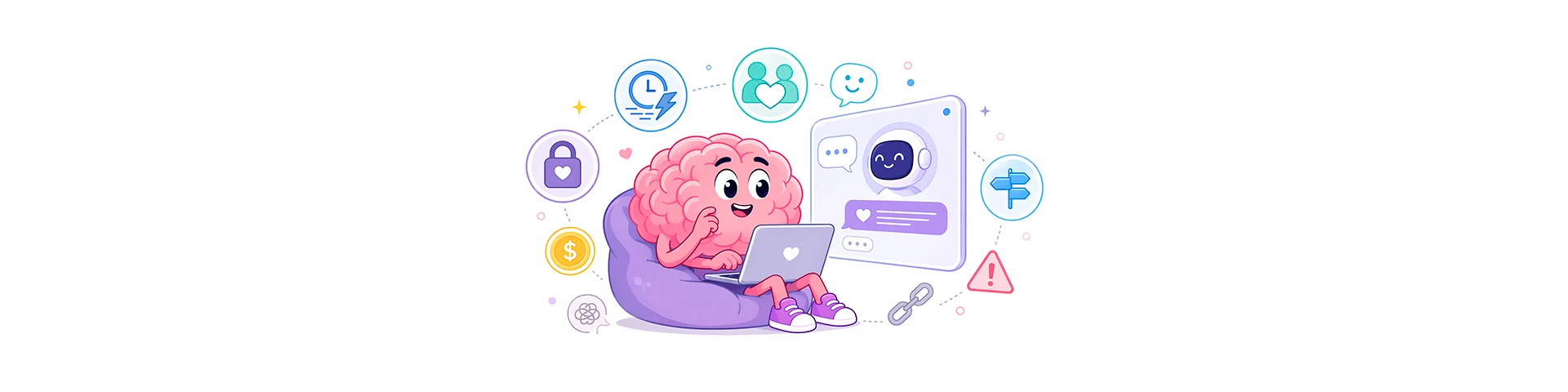 Ilustración de un cerebro antropomórfico en estilo comic interactuando con una inteligencia artificial en una laptop, rodeado de elementos visuales que representan rapidez, privacidad, compañía, orientación y algunos riesgos, para ilustrar por qué muchas personas usan la IA para hablar de sus problemas personales.