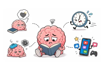 Ilustración minimalista de un cerebro caricaturesco sentado con un libro abierto, rodeado por símbolos de desinterés, falta de tiempo, cansancio mental y distracciones digitales que explican por qué la gente lee menos.