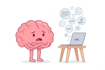 Ilustración 2D minimalista en fondo blanco donde un cerebro rosado con expresión preocupada observa una laptop sobre una mesa, mientras varias burbujas con textos e iconos tecnológicos representan la generación automática de ideas por inteligencia artificial.