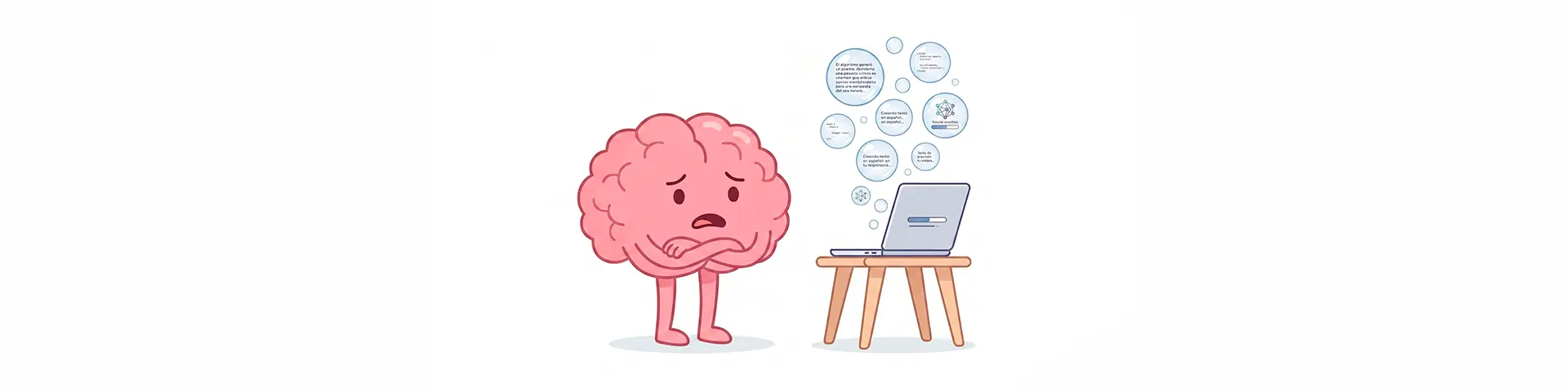Ilustración 2D minimalista en fondo blanco donde un cerebro rosado con expresión preocupada observa una laptop sobre una mesa, mientras varias burbujas con textos e iconos tecnológicos representan la generación automática de ideas por inteligencia artificial.