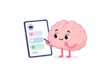 Cerebro animado frente a una pantalla de IA, con señales de apoyo emocional y límites de uso.