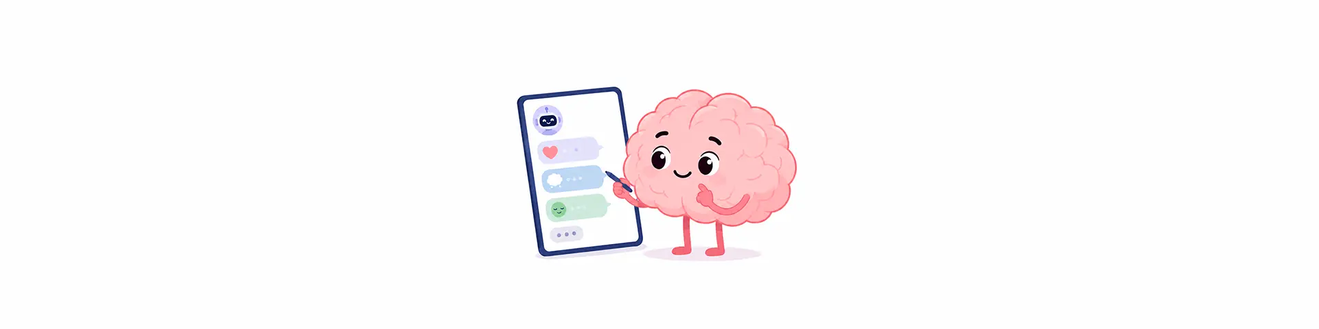 Cerebro animado frente a una pantalla de IA, con señales de apoyo emocional y límites de uso.