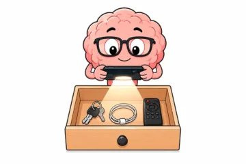 Cerebro animado usando un celular para iluminar y revisar un cajón con apoyo de IA.