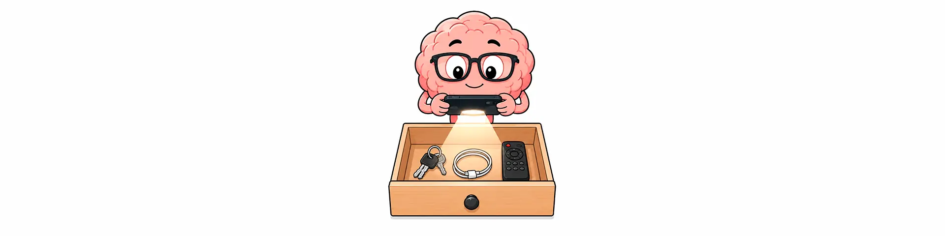 Cerebro animado usando un celular para iluminar y revisar un cajón con apoyo de IA.
