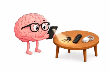 Cerebro animado usando la luz del celular para encontrar unas llaves sobre una mesa.