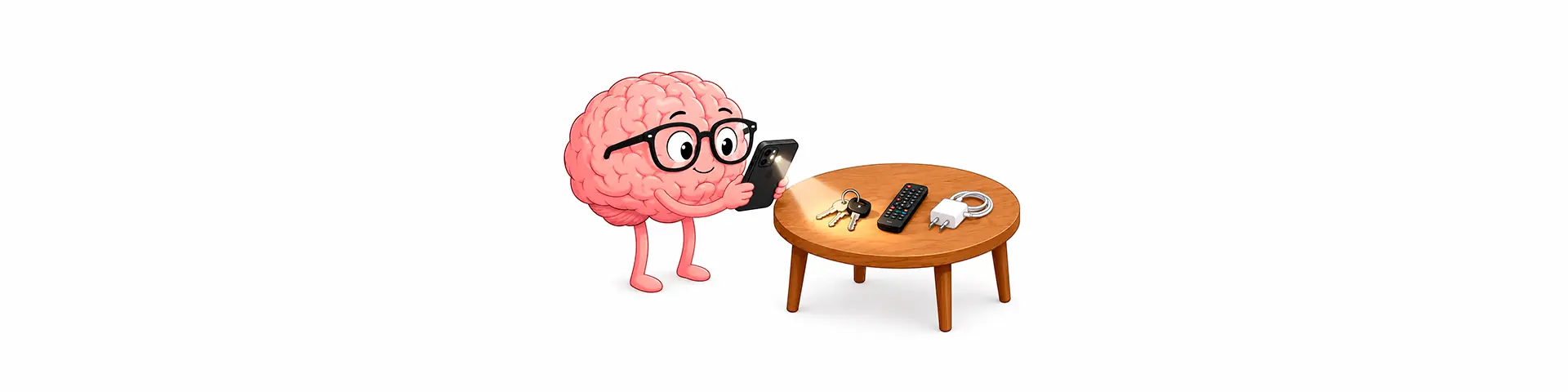 Cerebro animado usando la luz del celular para encontrar unas llaves sobre una mesa.