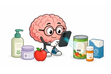 Cerebro antropomórfico usando un teléfono móvil para leer una etiqueta con inteligencia artificial, como apoyo para personas con baja visión