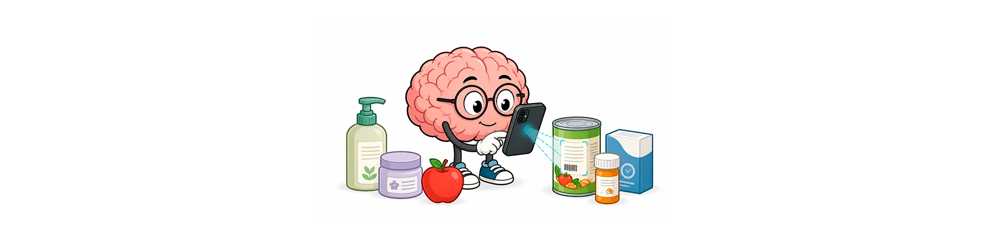 Cerebro antropomórfico usando un teléfono móvil para leer una etiqueta con inteligencia artificial, como apoyo para personas con baja visión