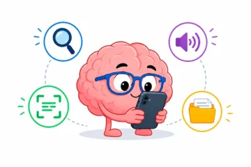 Cerebro animado usando un celular organizado como apoyo visual para ampliar, escuchar y reconocer información.