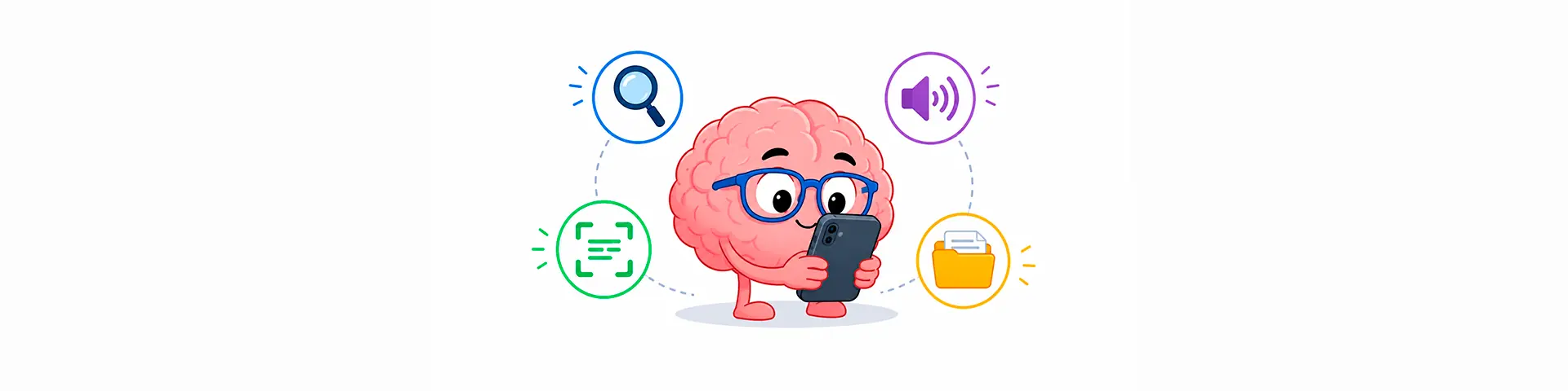 Cerebro animado usando un celular organizado como apoyo visual para ampliar, escuchar y reconocer información.