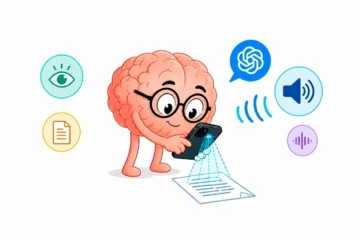 Ilustración minimalista de un cerebro animado de color rosado usando un teléfono móvil para escanear un documento en el suelo, rodeado de iconos que representan visión, lectura y voz asistida por IA, sobre fondo blanco.