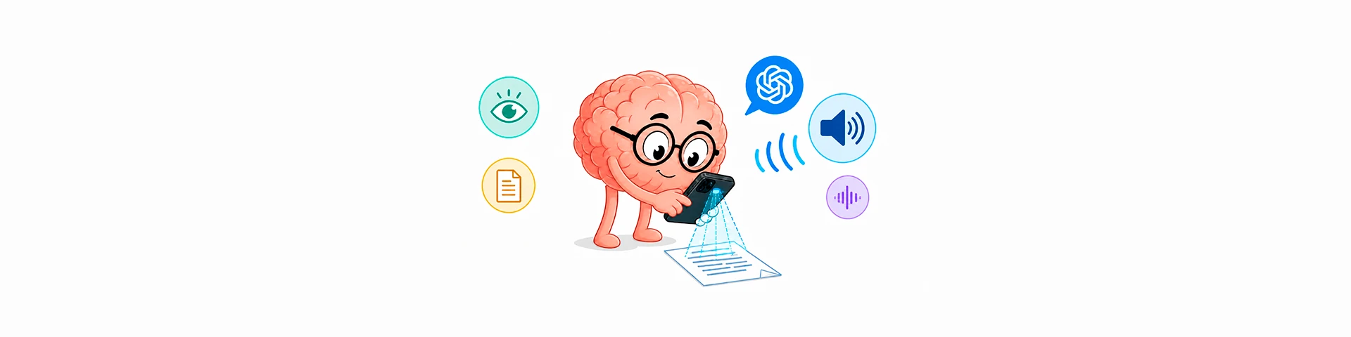 Ilustración minimalista de un cerebro animado de color rosado usando un teléfono móvil para escanear un documento en el suelo, rodeado de iconos que representan visión, lectura y voz asistida por IA, sobre fondo blanco.