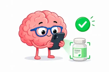 Cerebro animado usando un celular para verificar la información de una etiqueta con apoyo de inteligencia artificial.
