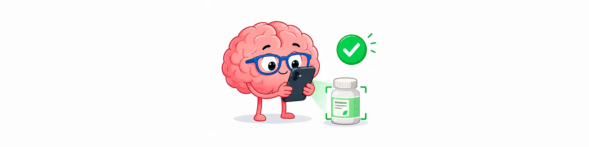 Cerebro animado usando un celular para verificar la información de una etiqueta con apoyo de inteligencia artificial.