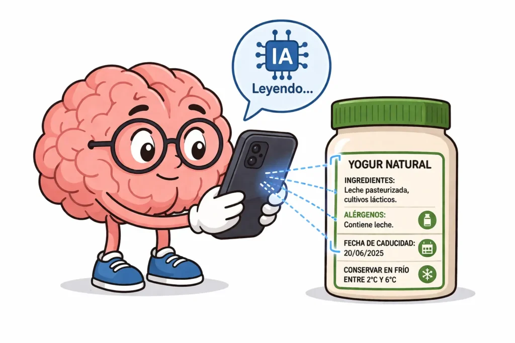 Cerebro antropomórfico usando un teléfono móvil para leer una etiqueta con inteligencia artificial, como apoyo para personas con baja visión