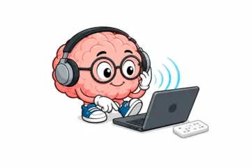 Cerebro animado escuchando una página web con apoyo de un lector de pantalla y dispositivo braille.