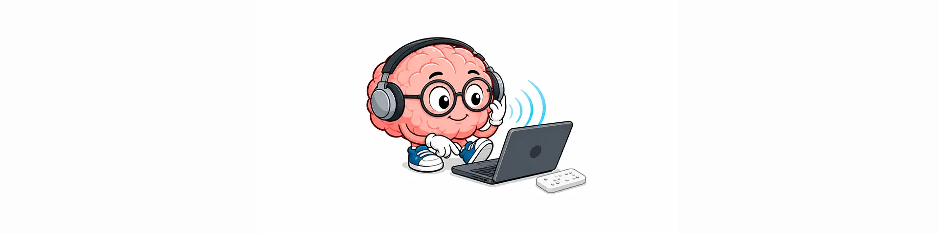 Cerebro animado escuchando una página web con apoyo de un lector de pantalla y dispositivo braille.