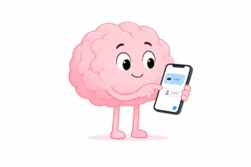 Cerebro rosado de estilo cómic interactuando con un celular que muestra una conversación con IA sobre fondo blanco.