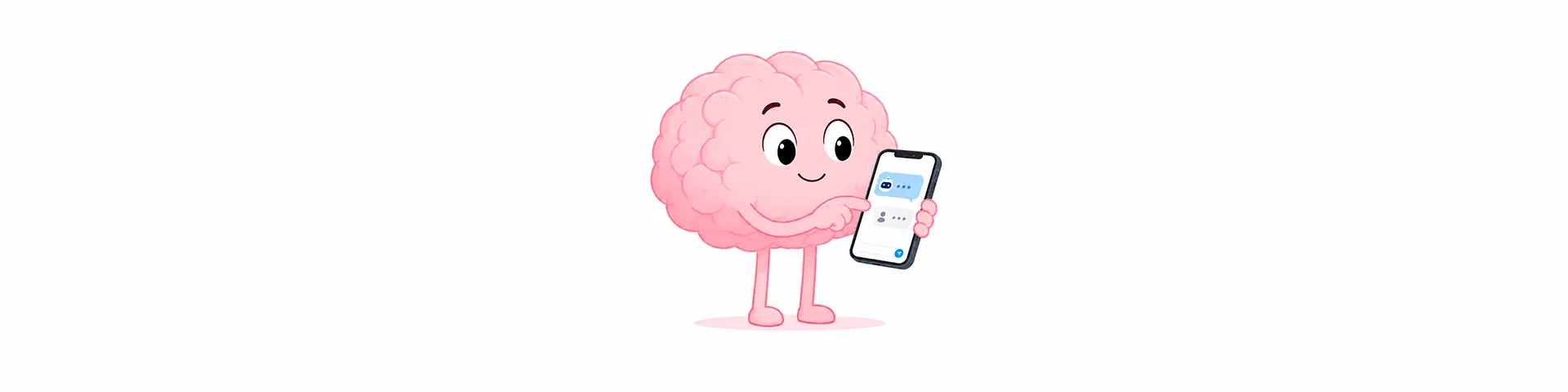 Cerebro rosado de estilo cómic interactuando con un celular que muestra una conversación con IA sobre fondo blanco.